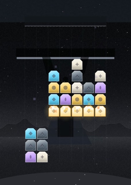 A row of offerings ignites at the bottom of the board and lifts the four rows stacked above it towards the top of the screen, trailing flame.